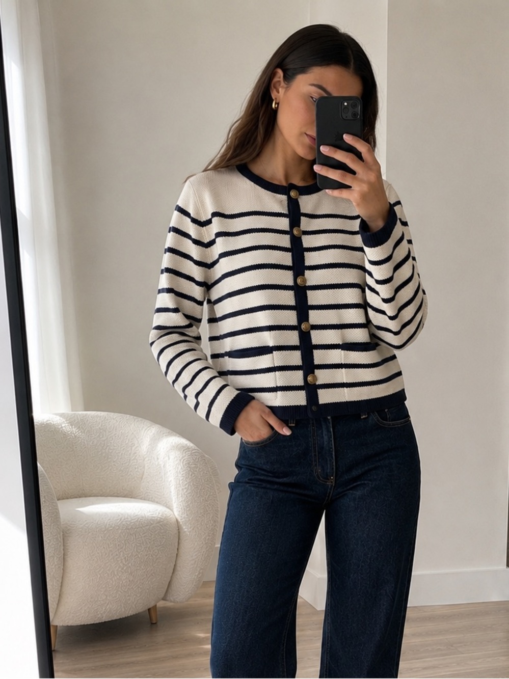 Moon River Striped Knit Cardigan Cream Navy Gold Buttons Size S